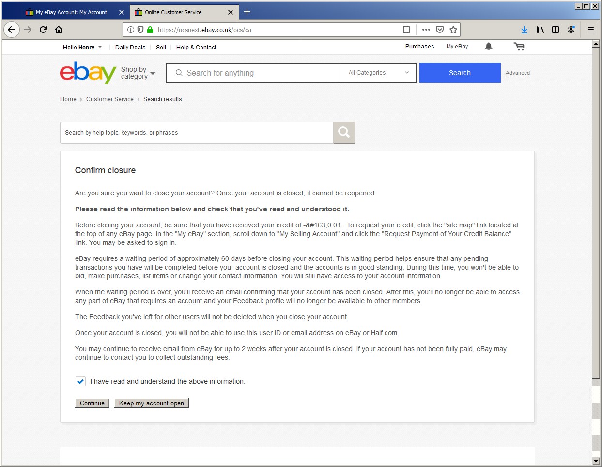 ebay account closing page