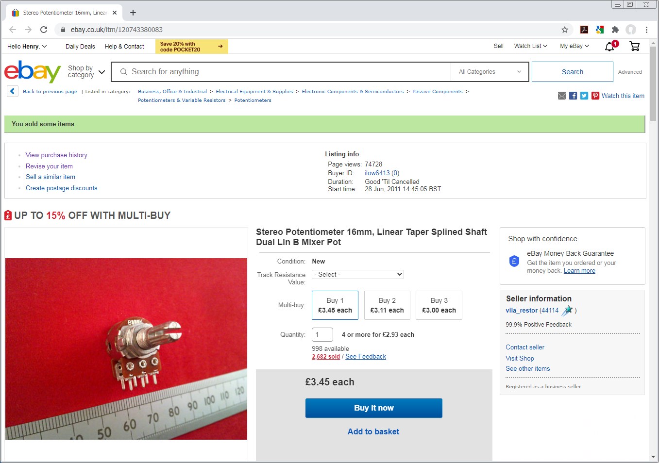 click to enlarge stereo pots listing with
multi-buy promotion