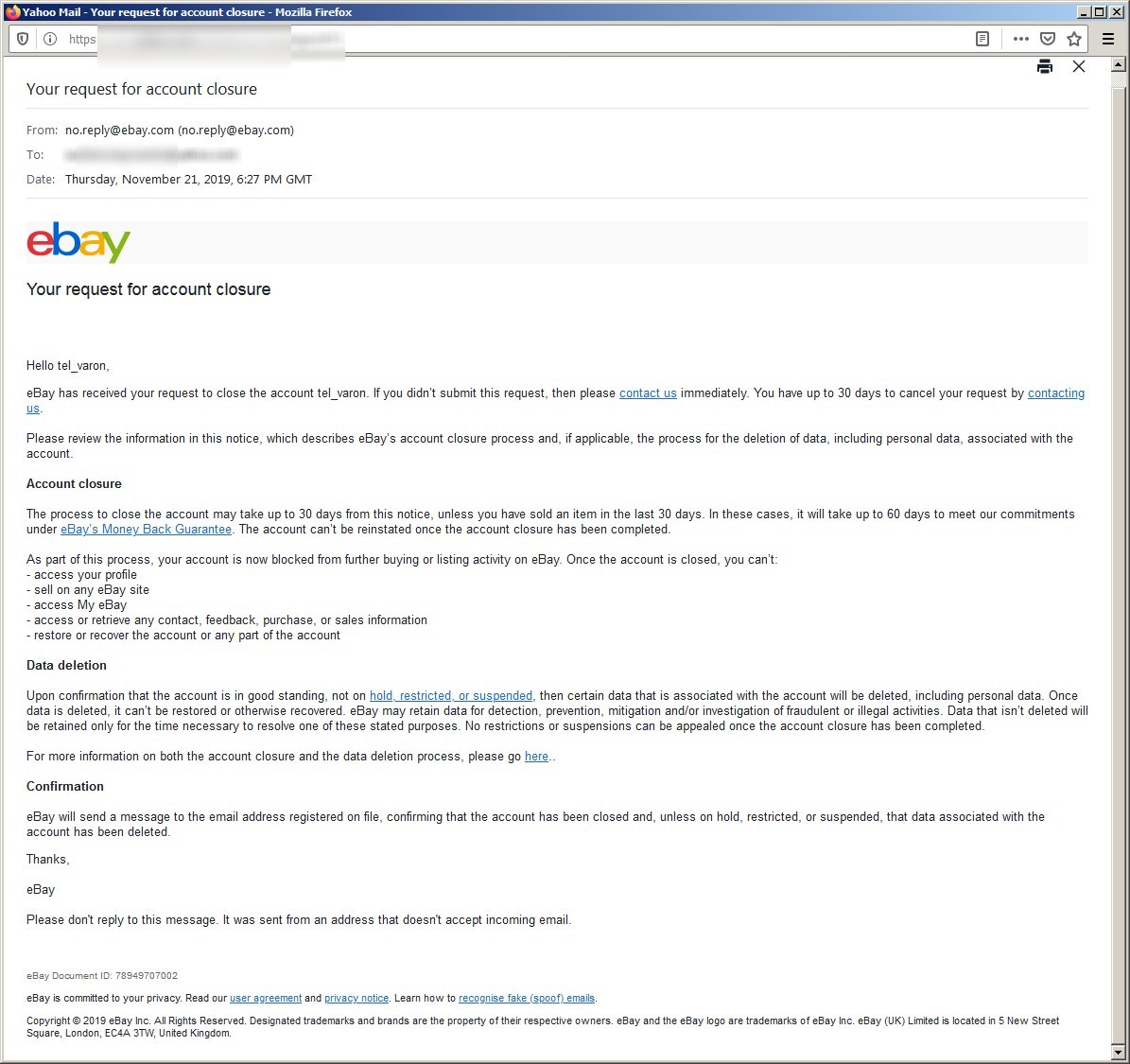 Closure of
                          tel_varon ebay account email
