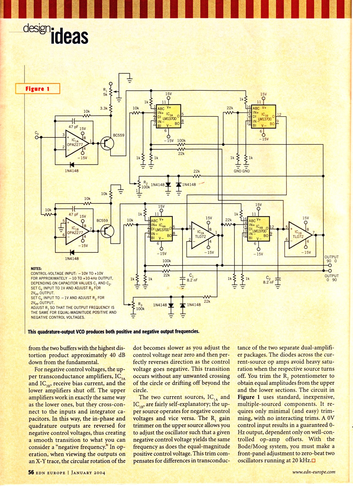 click to enlarge Electronics Design News Europe
January 2004 Henry Walmsley VCO produces positive and
negative output frequencies used in frequency shifter