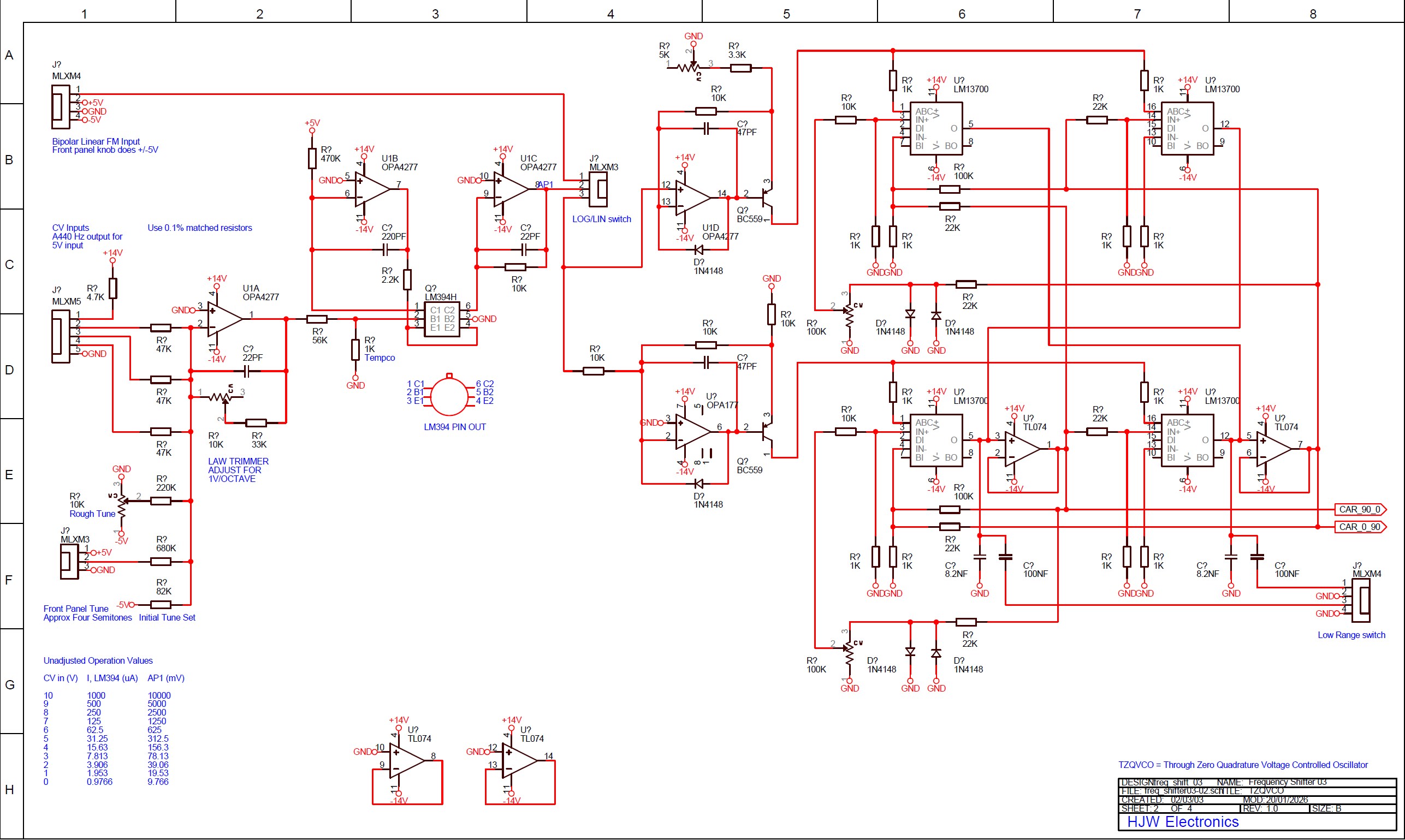 click to enlarge HJW Electronics Dual Analogue
Frequency Shifter Electronic Schematic Diagram Board 1
Through Zero Quadrature Voltage Controlled Oscillator