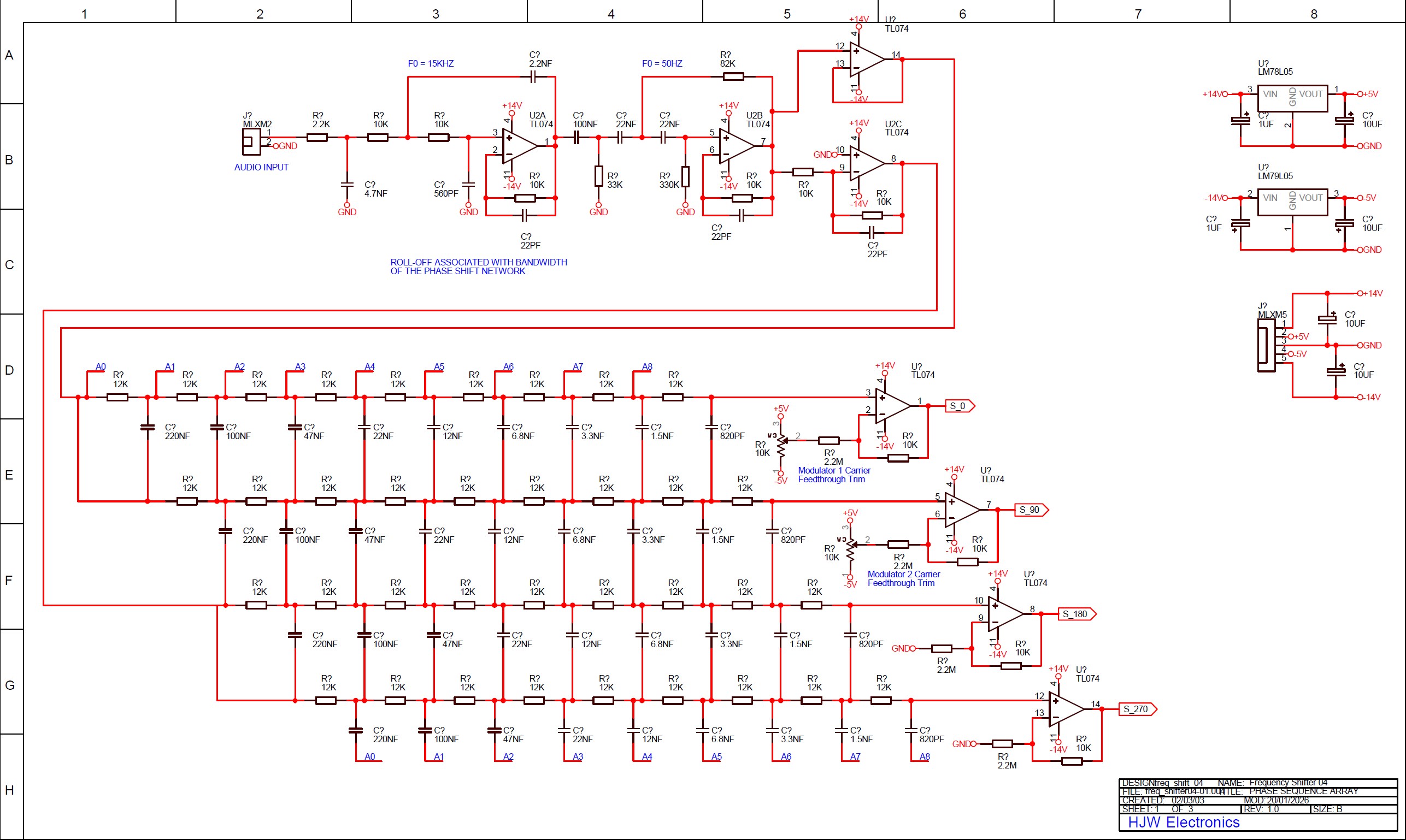 click to enlarge HJW Electronics Dual Analogue
Frequency Shifter Electronic Schematic Diagram Board 2
Quadrature Output Phase Sequence array giving 0, 90, 180,
and 270 degree relative audio phase shifts