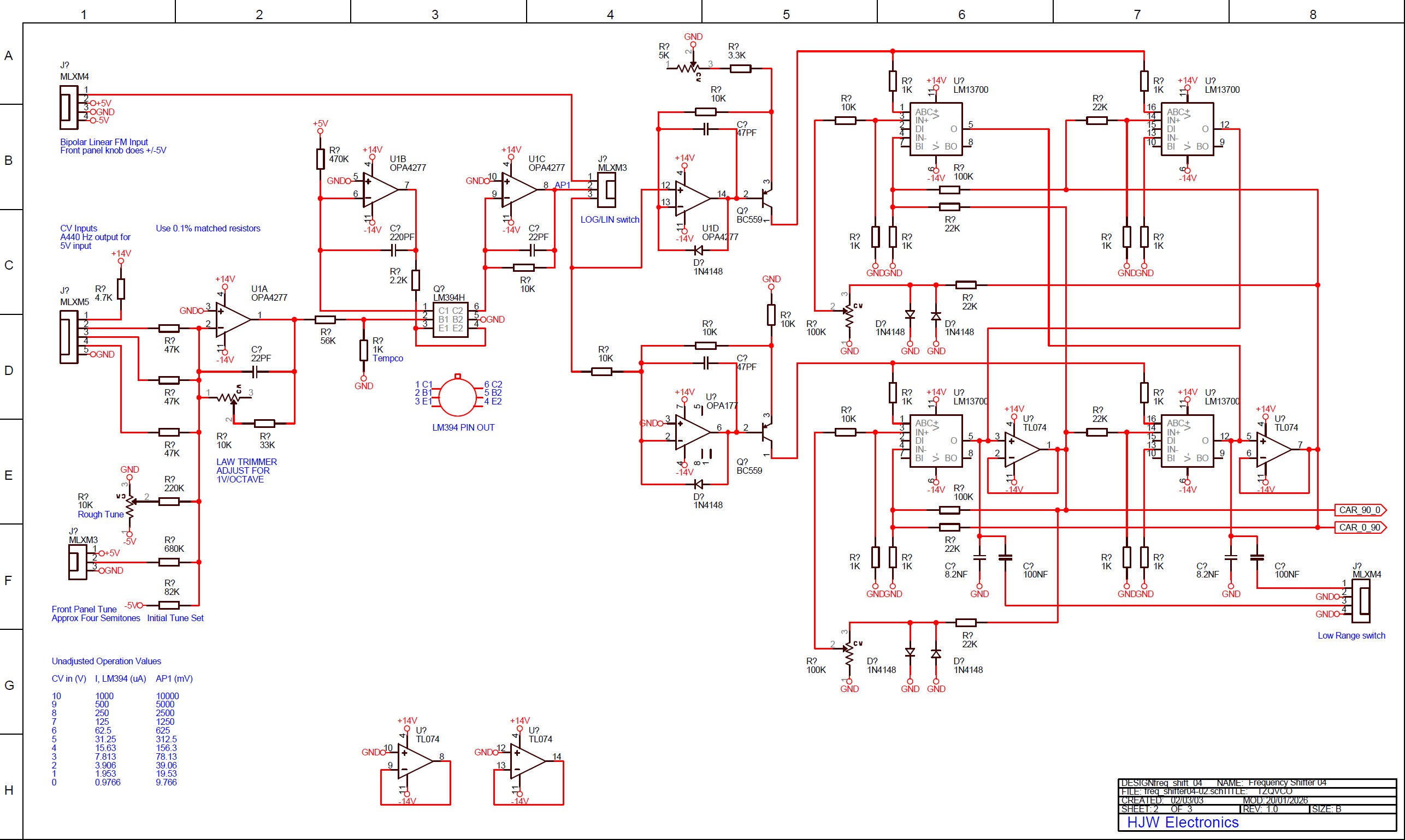 click to enlarge HJW Electronics Dual Analogue
Frequency Shifter Electronic Schematic Diagram Board 2
1V/Octave quadrature voltage controlled oscillator VCO
