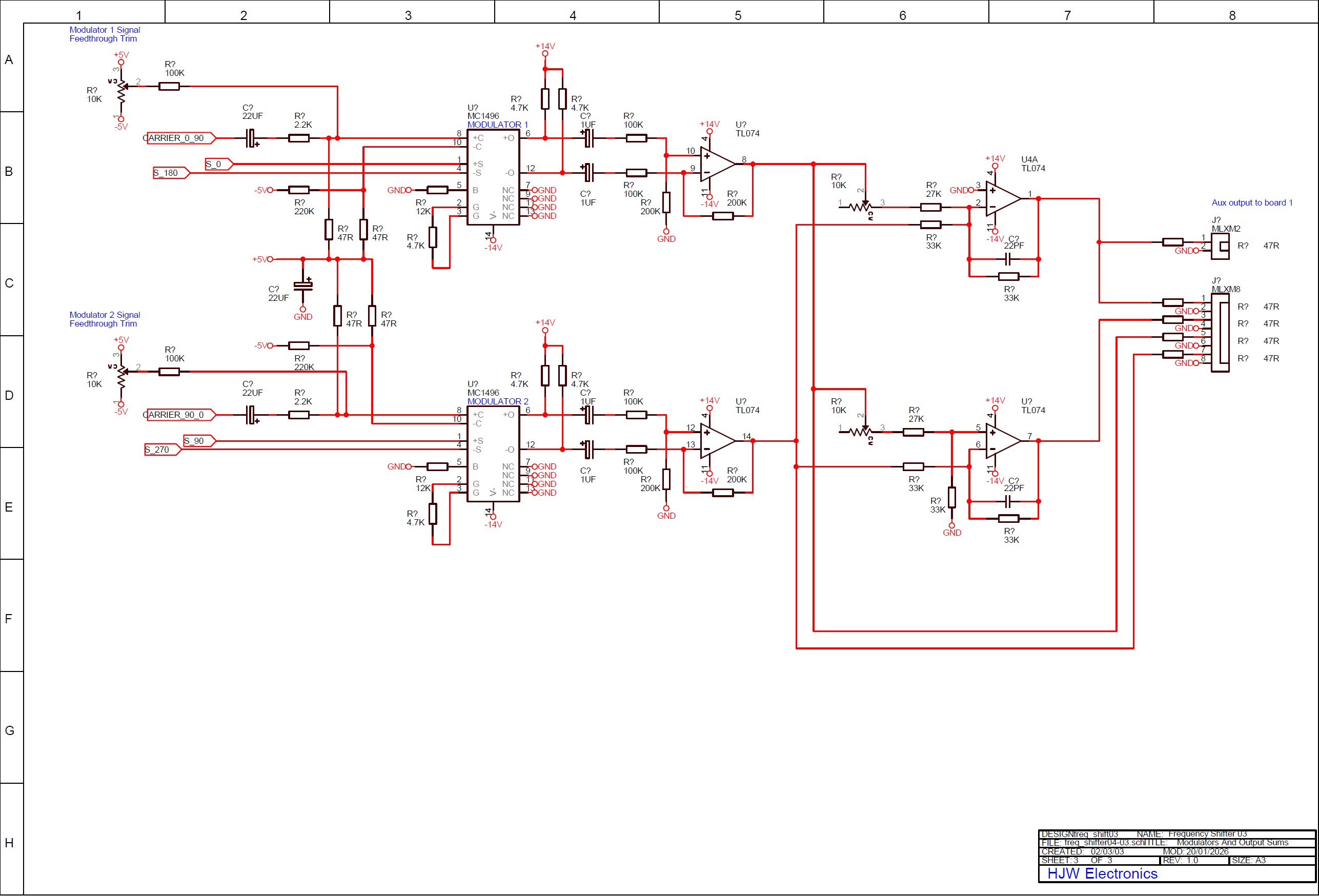 click to enlarge HJW Electronics Dual Analogue
Frequency Shifter Electronic Schematic Diagram Board 2
Double Balanced Supressed Carrier Modulators Motorola
MC1496