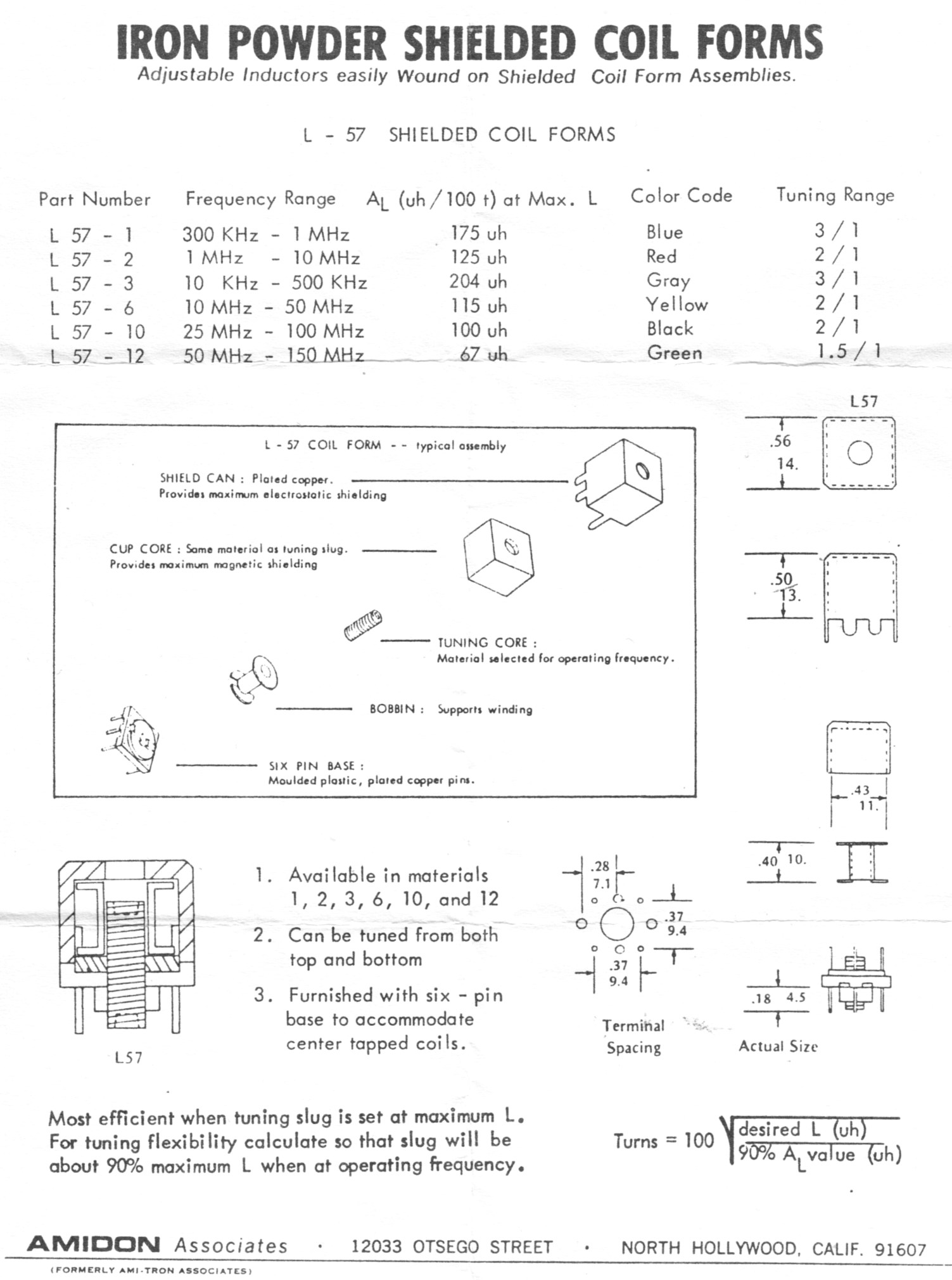 click to enlarge Amidon - Micrometals Shielded
Coil Forms Single Page Data Sheet That Came in The Packet