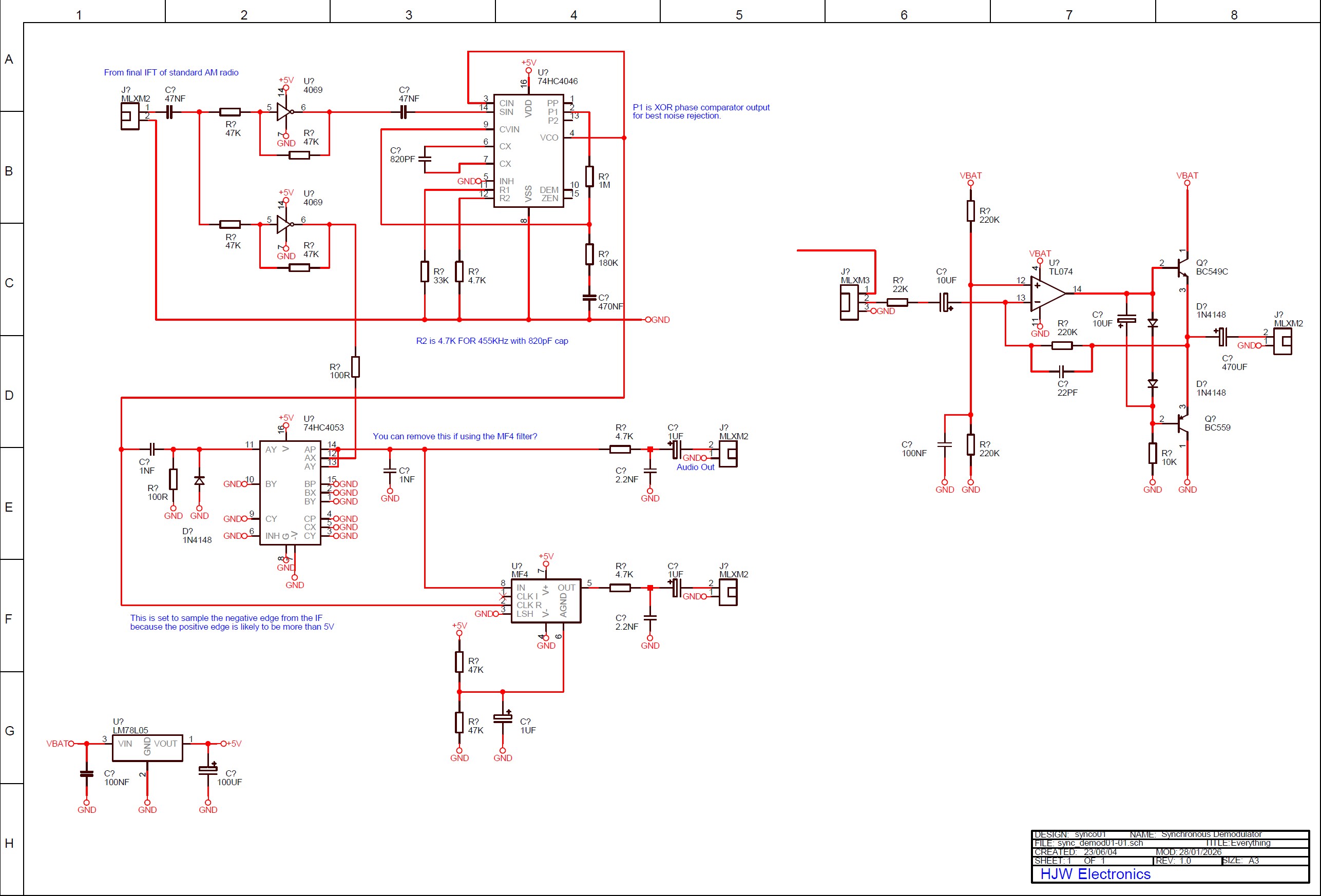 click to enlarge Electronic Schematic Diagram Of
A Simple Synchronous Demodulator For AM Radio
