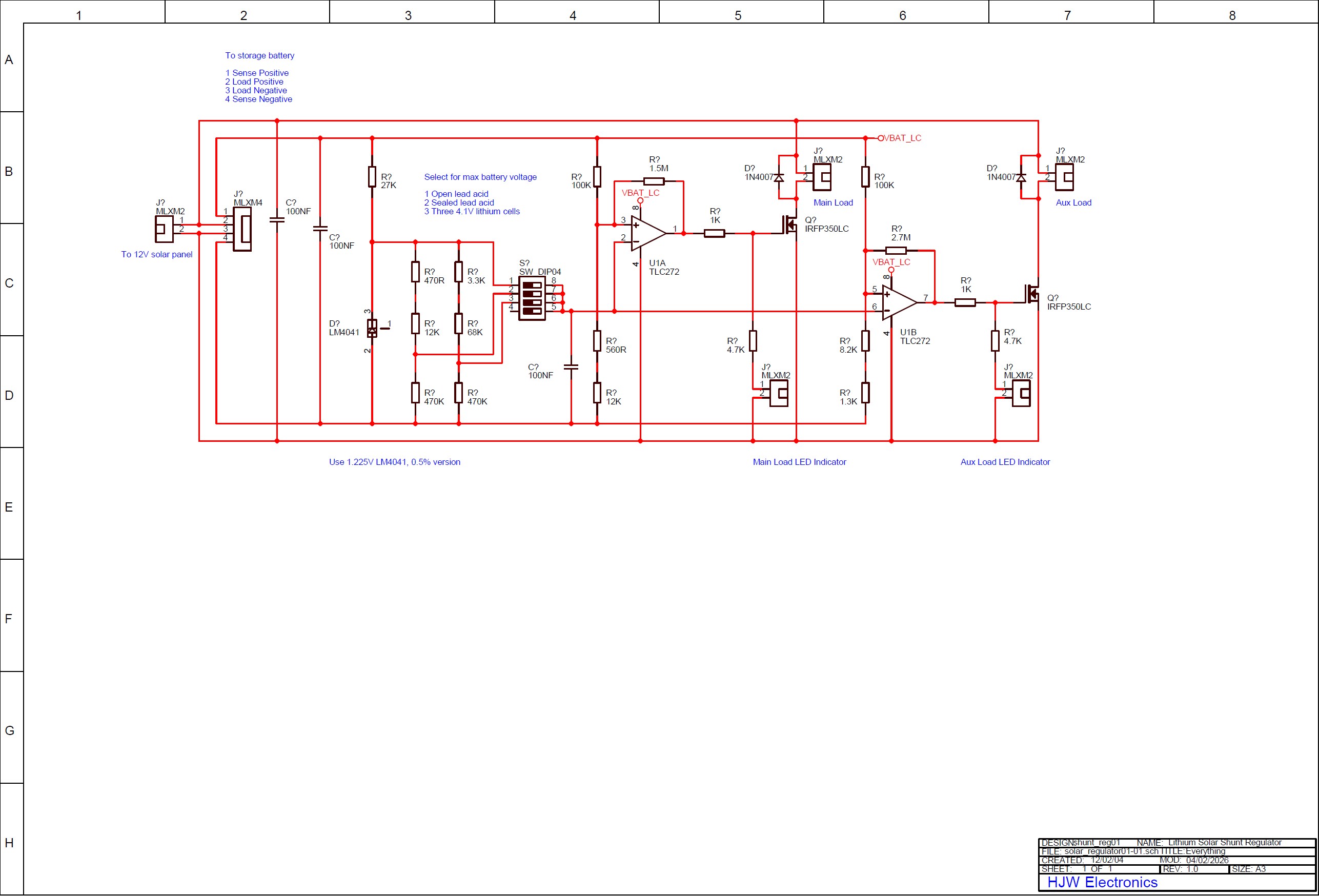 click to enlarge Electronic Schematic Diagram Of
12V Solar Battery Charge Regulator With Automatic Excess Power
Output Load