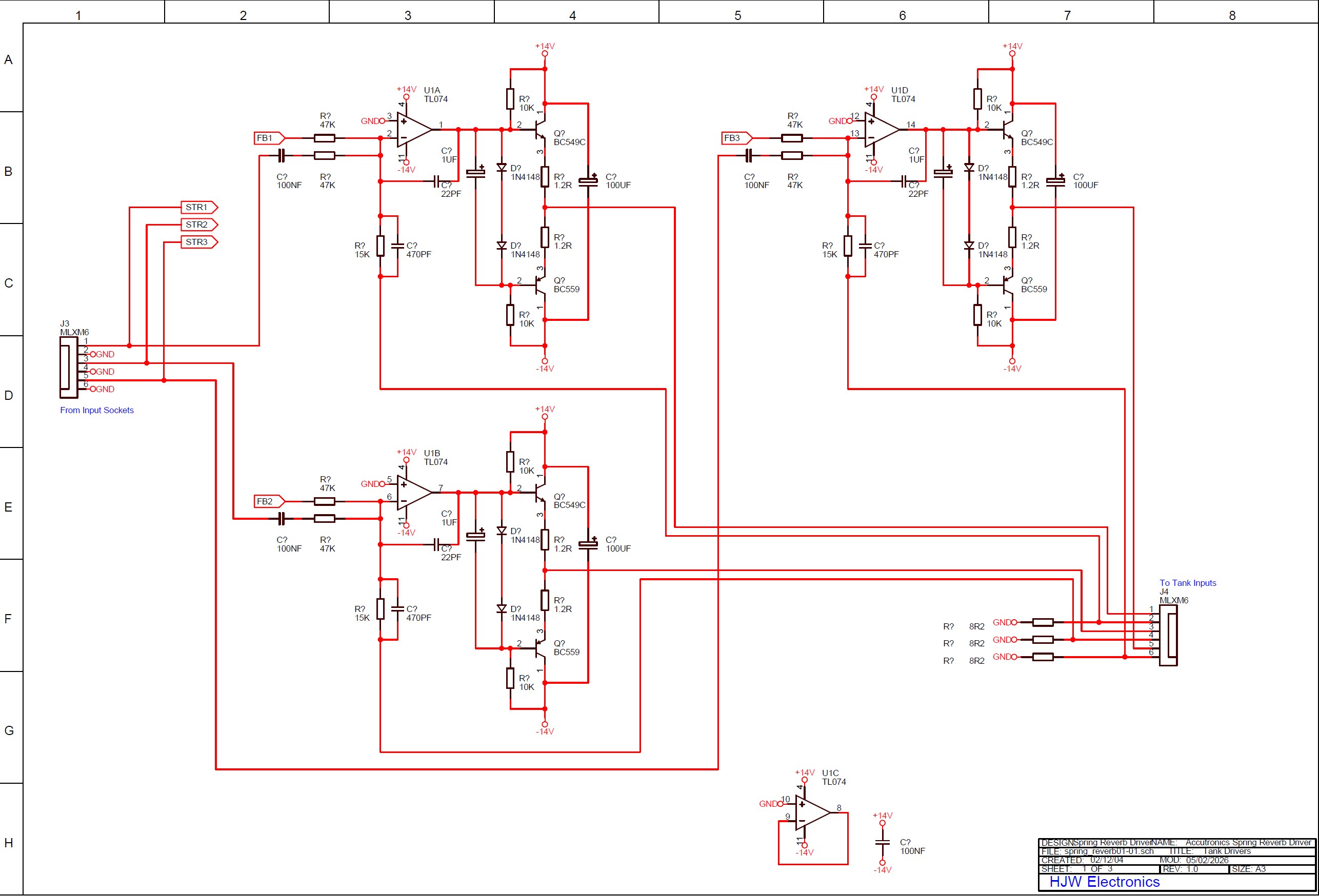 click to enlarge HJW Electronics Triple Tank
Spring Reverb Electronic Schematic Diagram Tank Drive
Circuits