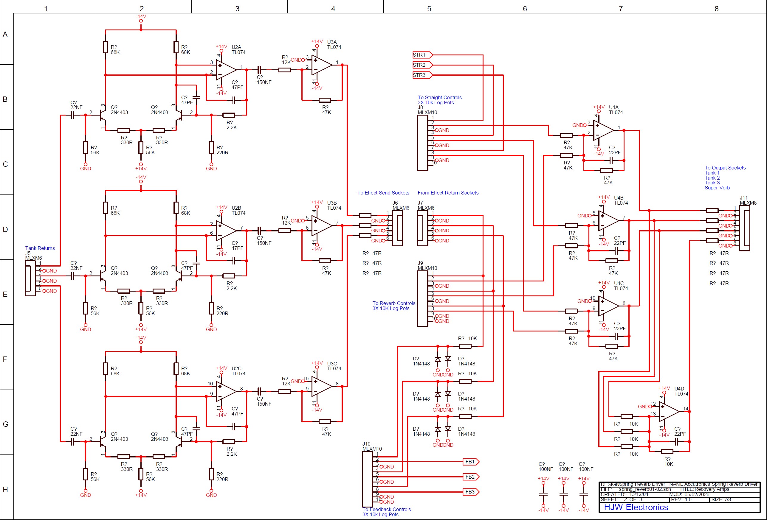 click to enlarge Low Noise Spring Tank Signal
Recovery Circuits Electronic Schematic Diagram