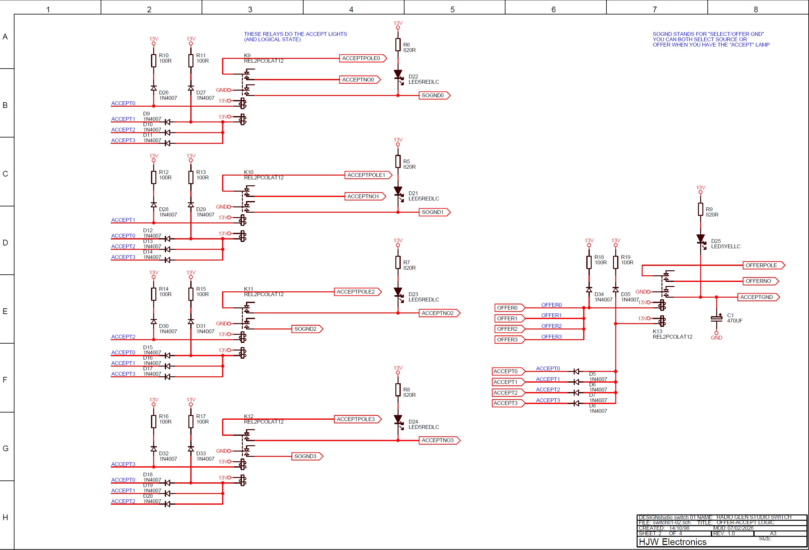 click to enlarge Electronic Schematic Diagram Of
HJW Electronics Radio Glen Studio Selector Latching State
Relays