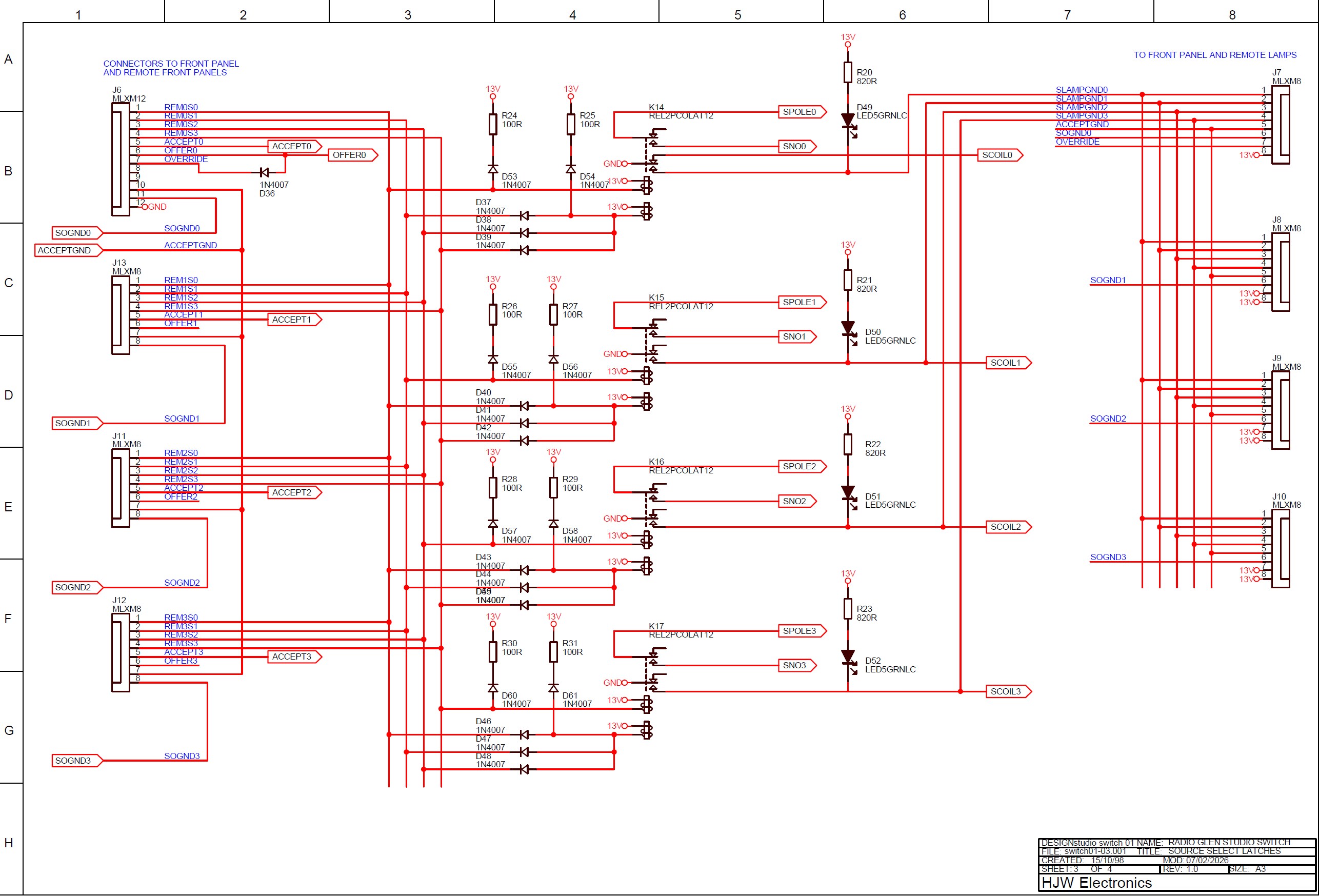 click to enlarge Electronic Schematic Diagram Of
HJW Electronics Radio Glen Transmit Selector Latching Source
Relays Rollover