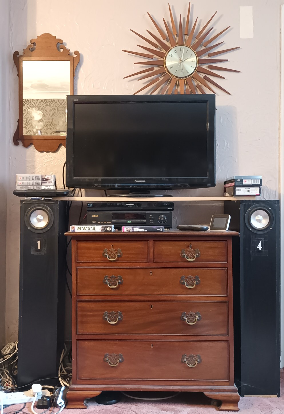 click to enlarge Two Transmission Line Speakers
with E.J. Jordan Wide Range Drivers Used As Surround Sound
Speakers For Watching movies